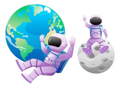 Cute vector astronauts exploring space with earth and moon planets. Illustrazione stock