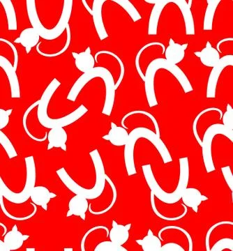 Cute vector background with white cats silhouettes on red background. Textile or Stock Illustration