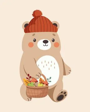 Cute Vector Bear Cub in Red Hat with Basket of Mushrooms and Apples Stock Illustration