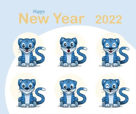 Cute vector blue tigers Happy Chinese new year greeting card 2022 Animal Stock Illustration