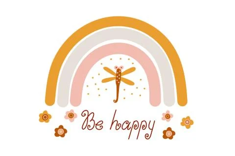 Cute vector card or poster with boho rainbow decorated with a dragonfly. Stock Illustration