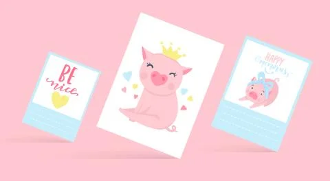Cute vector cards with funny pigs. Pig illustration isolated on white. Stock Illustration