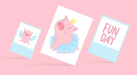Cute vector cards with funny pigs. Pig illustration isolated on white. Stock Illustration