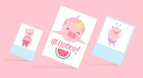 Cute vector cards with funny pigs. Pig illustration isolated on white. Stock Illustration