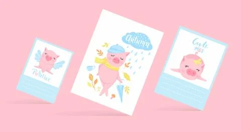 Cute vector cards with funny pigs. Pig illustration isolated on white. Stock Illustration