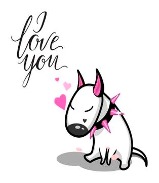 Cute vector cartoon dog. White Bull Terrier in love. I love you lettering. Stock Illustration