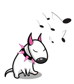 Cute vector cartoon dog. White Bull Terrier listening to music. Stock Illustration