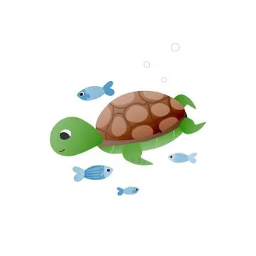 Cute vector childish turtle with little fishes, graphics for educational posters Stock Illustration