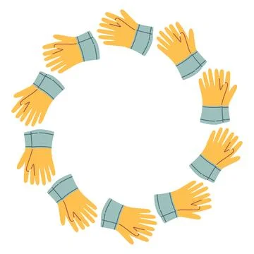 Cute vector circular frame made of yellow gardening gloves. Flat cartoon Stock Illustration