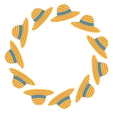 Cute vector circular frame made of straw hats. Flat cartoon illustration on Stock Illustration