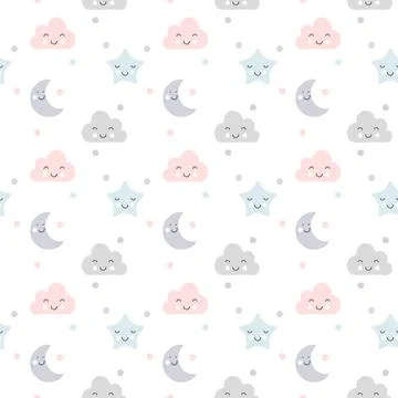 Cute vector clouds, moon, and stars seamless pattern sleep in scandinavian style Stockillustratie