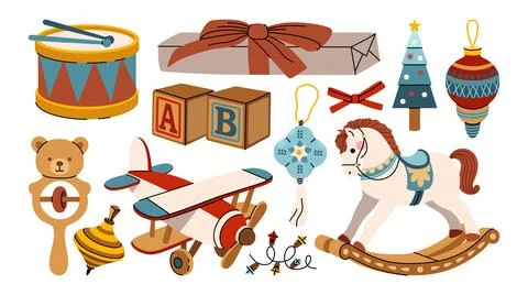 Cute vector collection of illustrations and stickers of Christmas decorations. Stock Illustration