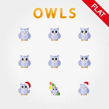 Cute vector collection of owls with different eye expressions Stock Illustration