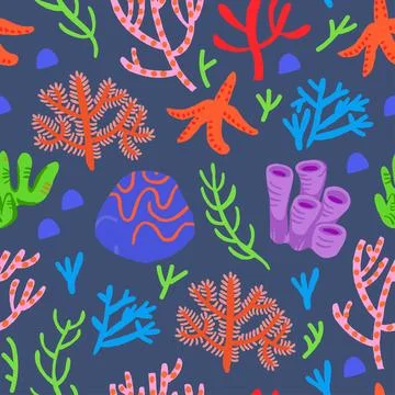 Cute vector colorful seamless pattern with red corals on dark background. Coral Stock Illustration
