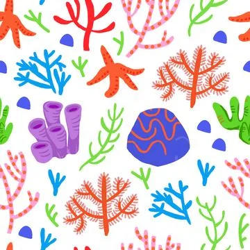 Cute vector colorful seamless pattern with red corals on white background. Coral Stock Illustration