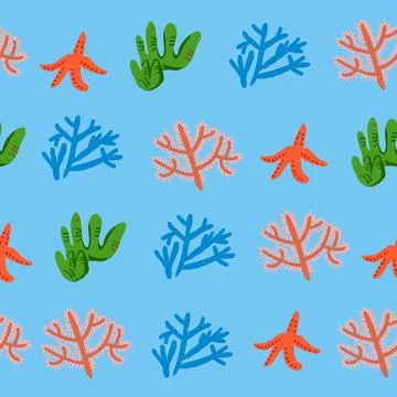 Cute vector colorful seamless pattern with red corals on blue background. Coral Illustrazione stock