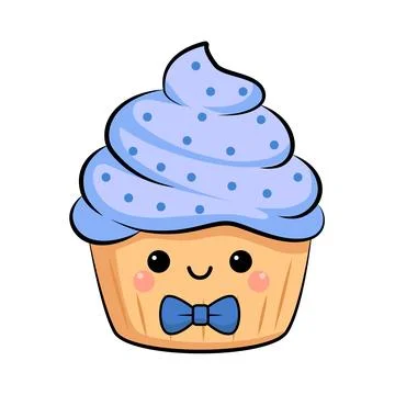 Cute Vector Cupcake with Blue Cream Frosting and Blue Bow Tie. Stock Illustration