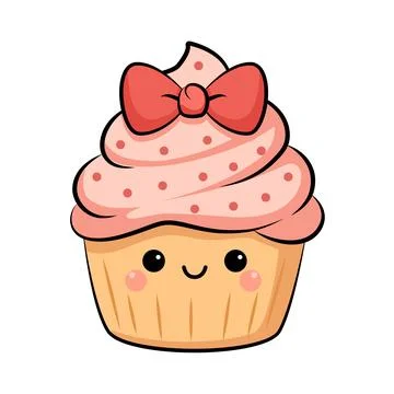Cute Vector Cupcake with Pink Cream Frosting and Red Hair Bow. Stock Illustration