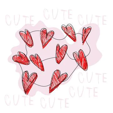 Cute vector drawing with hand drawn cute hearts Stock Illustration