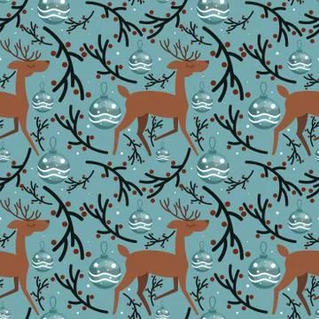 Cute vector flat deer on seamless pattern Stock Illustration