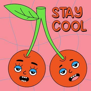 Cute vector fruits sticker pack. Groovy element funky pair of cherries with f 스톡 일러스트