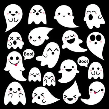 Cute vector ghosts icons on black background, Halloween design, Kawaii Stock Illustration