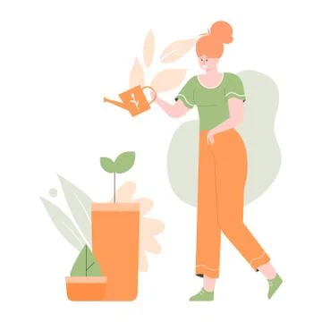 Cute vector girl character is watering plants. イラスト素材