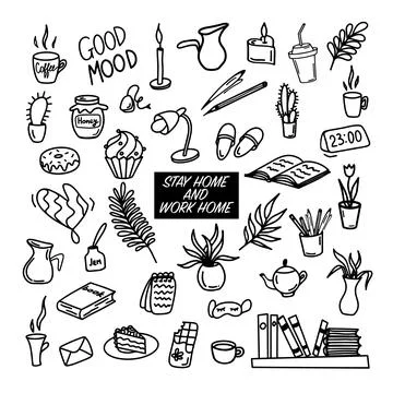 Cute vector hand drawn doodle set about coronavirus, Covid-19, Stay Home, work Stock Illustration