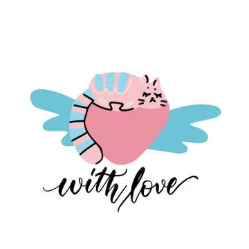 Cute vector hand drawn illustration with sketch cat sleeping on winged heart. イラスト素材
