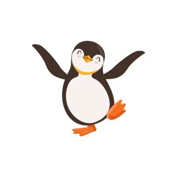 Cute vector Happy Penguin Toon Character Dancing With Its Eyes Closed On A White Stock Illustration