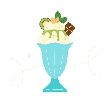 Cute vector ice cream sundae in a blue glass bowl topped with kiwi slice イラスト素材