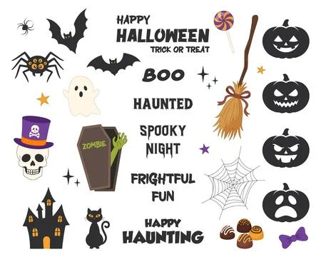 Cute vector icon set of Halloween with text and spooky items. Stock Illustration