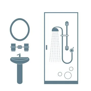 Cute vector illustration of bathroom interior design: shower cabin, washbasin Stock Illustration