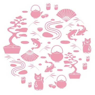 Cute vector illustration with bonsai tree, teapot with two cups, minimal rock Stock Illustration