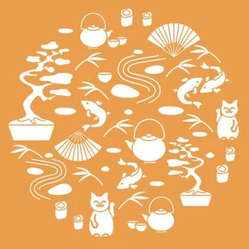 Cute vector illustration with bonsai tree, teapot with two cups, minimal rock Stock Illustration