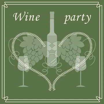 Cute vector illustration of bottle of wine, glasses, grapes and heart in fram Stock Illustration