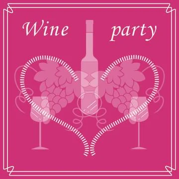 Cute vector illustration of bottle of wine, glasses, grapes and heart in fram Stock Illustration