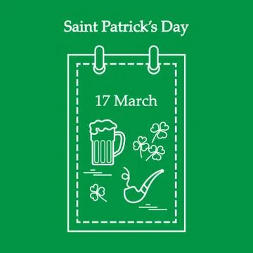 Cute vector illustration: calendar with a beer, clover, tobacco pipe for St.  Stock Illustration