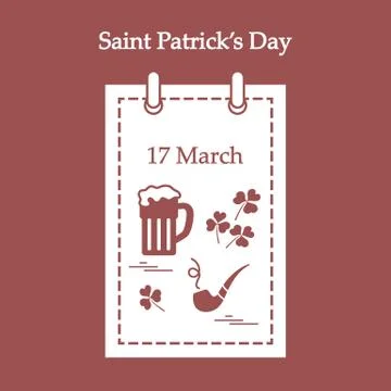 Cute vector illustration: calendar with a beer, clover, tobacco pipe for St.  Stock Illustration