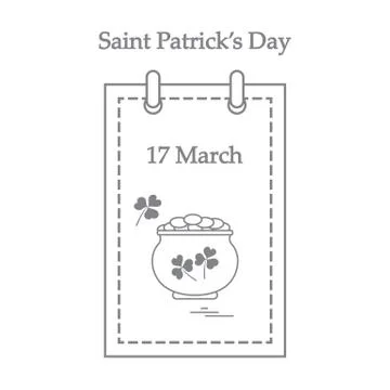 Cute vector illustration: calendar with a pot full of gold coins and clover f Stock Illustration