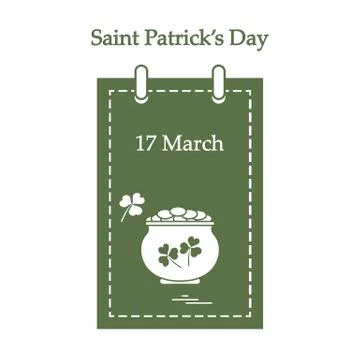 Cute vector illustration: calendar with a pot full of gold coins and clover f Stock Illustration