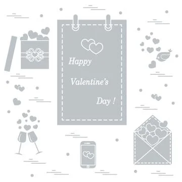 Cute vector illustration: calendar with Valentines Day, gifts, postal envelop Stock Illustration
