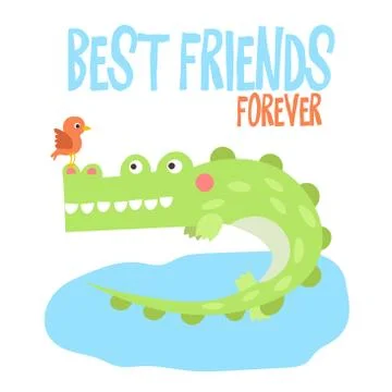 Cute vector illustration of crocodile on tropical river or lake with little bird Stock Illustration