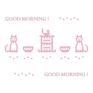 Cute vector illustration cross embroidery of teapot with two cups and two cat Illustration