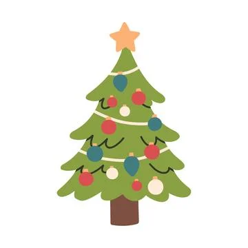 Cute vector illustration of a decorated Christmas tree with colorful ornaments Stock Illustration