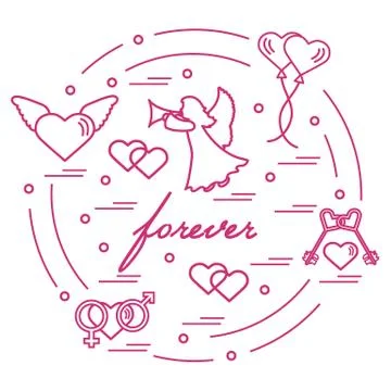 Cute vector illustration with different love symbols: hearts, air balloons, k Stock Illustration