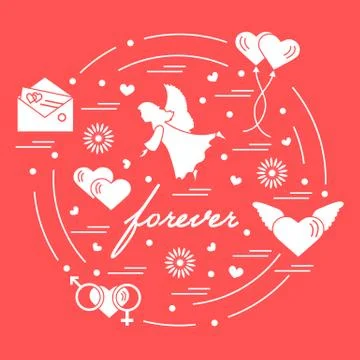 Cute vector illustration with different love symbols: hearts, air balloons, p Stock Illustration