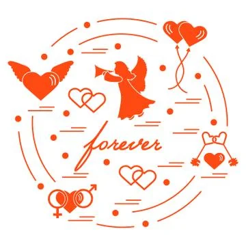 Cute vector illustration with different love symbols: hearts, air balloons, k Stock Illustration