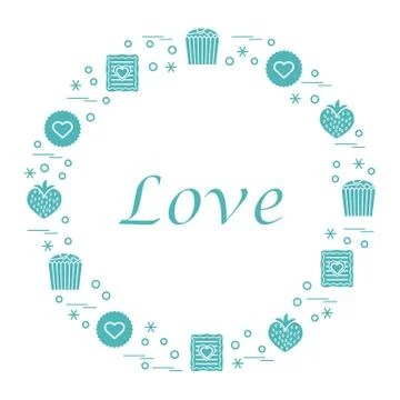 Cute vector illustration with different romantic sweets arranged in a circle. Illustrazione stock