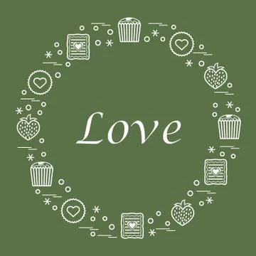 Cute vector illustration with different romantic sweets arranged in a circle. Illustrazione stock